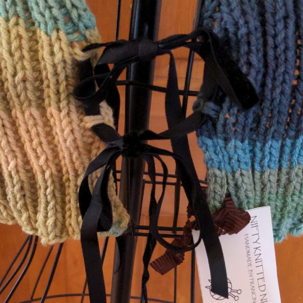 Handmade Knitted Scarf Cape in Blue and Green Tones 2 Black Velvet Ribbons - Picture 9 of 9
